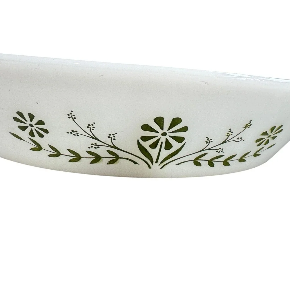 Glasbake Vintage White Milk Glass‎ Divided Serving Dish Green Floral Pattern